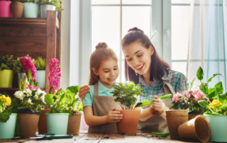Mother and daughter planting flowers in a pot